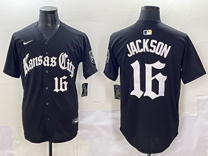 Men 2025 Kansas City Royals #16 Jackson Black Five generations Joint Name Nike MLB Jersey style 11